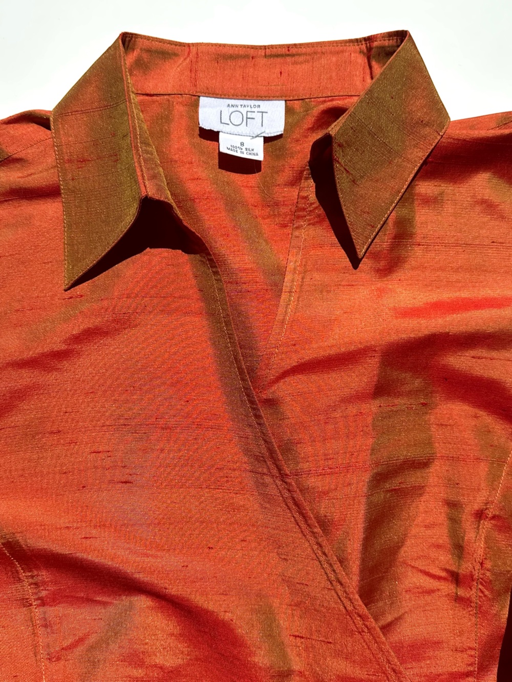 Ann Taylor Dupioni Silk Rust Orange Wrap Blouse with Side Tie, 8 - Picture 8 of 14